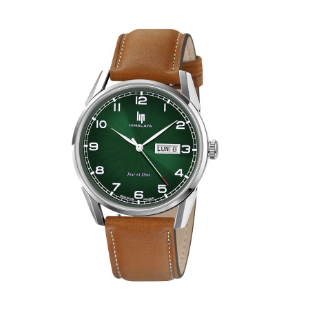 MONTRE LIP HIMALAYA 40 ACIER CADRAN VERT JOUR DATE CUIR BRUN