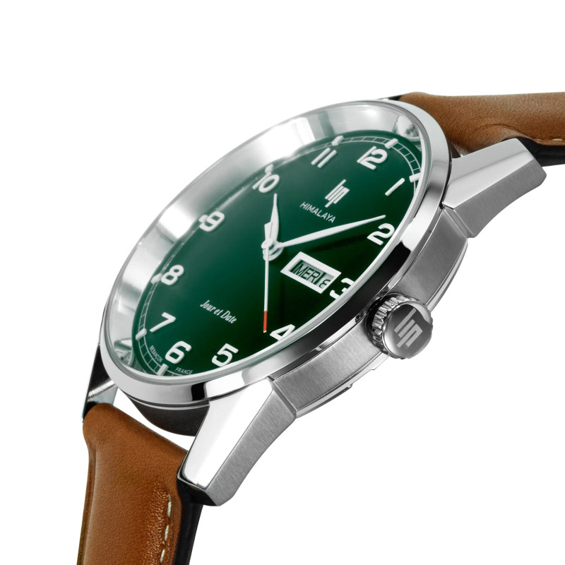 MONTRE LIP HIMALAYA 40 ACIER CADRAN VERT JOUR DATE CUIR BRUN