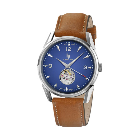 MONTRE LIP HIMALAYA 40 COEUR OUVERT ACIER BLEU CUIR CAMEL