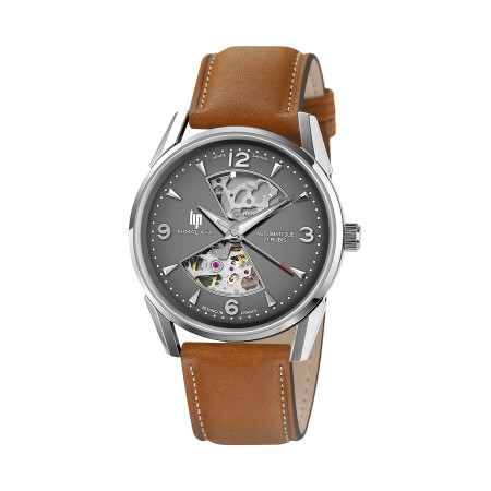 MONTRE LIP HIMALAYA 40 SABLIER ACIER CADRAN GRIS CUIR CAMEL