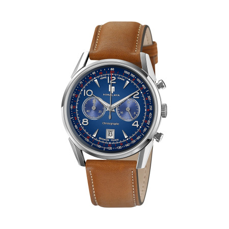 MONTRE LIP HIMALAYA CHRONO ACIER CADRAN BLEU CUIR MARRON