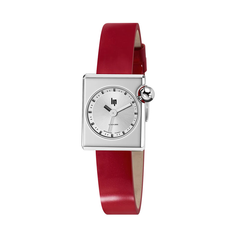 MONTRE LIP MACH2000 MINI SQUARE ACIER CUIR ROUGE