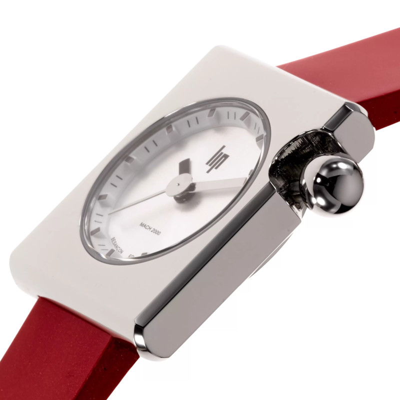 MONTRE LIP MACH2000 MINI SQUARE ACIER CUIR ROUGE