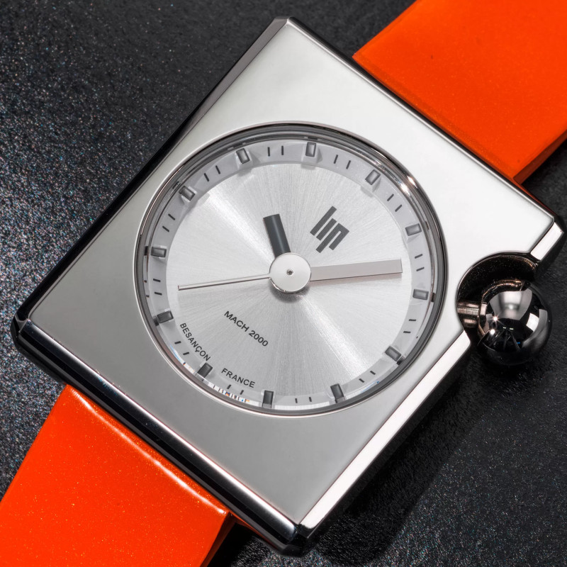 MONTRE LIP MACH2000 MINI SQUARE ACIER CUIR ORANGE