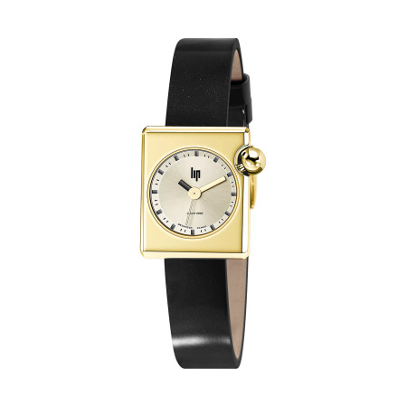 MONTRE LIP MACH2000 MINI SQUARE DOREE BRACELET CUIR NOIR