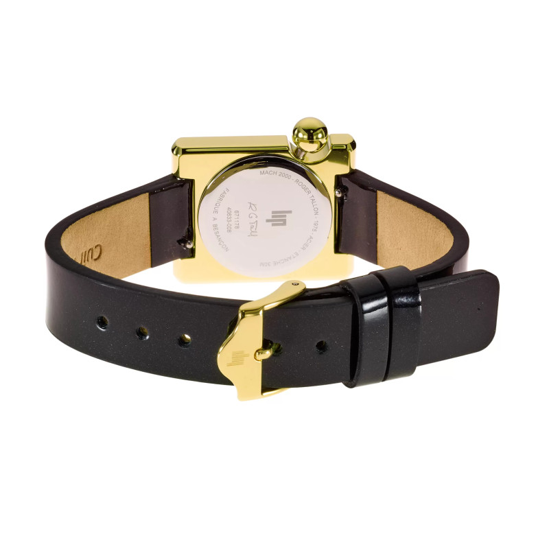 MONTRE LIP MACH2000 MINI SQUARE DOREE BRACELET CUIR NOIR