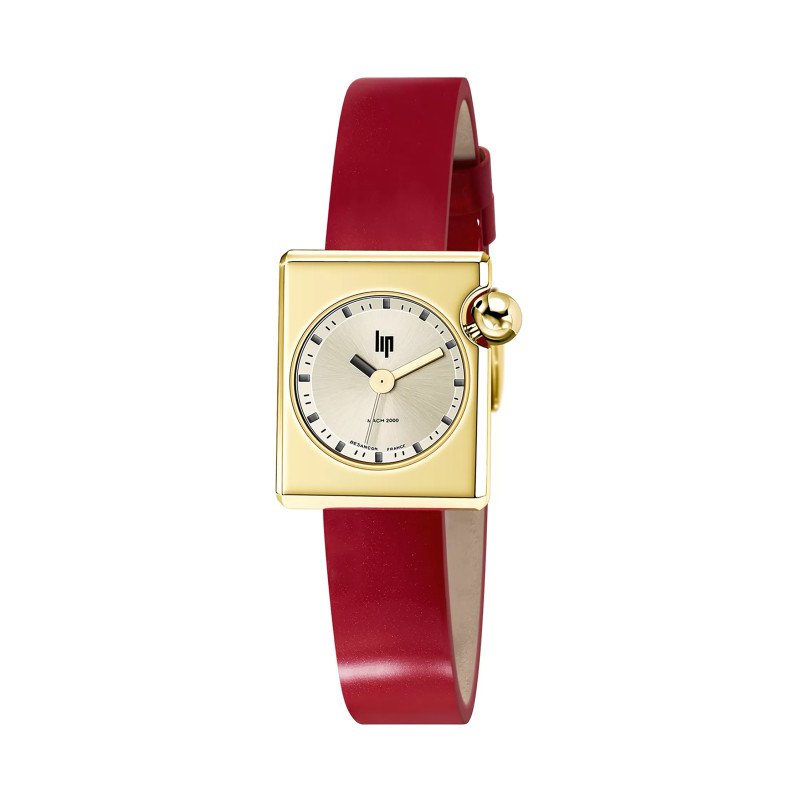 MONTRE LIP MACH2000 MINI SQUARE DOREE BRACELET CUIR ROUGE