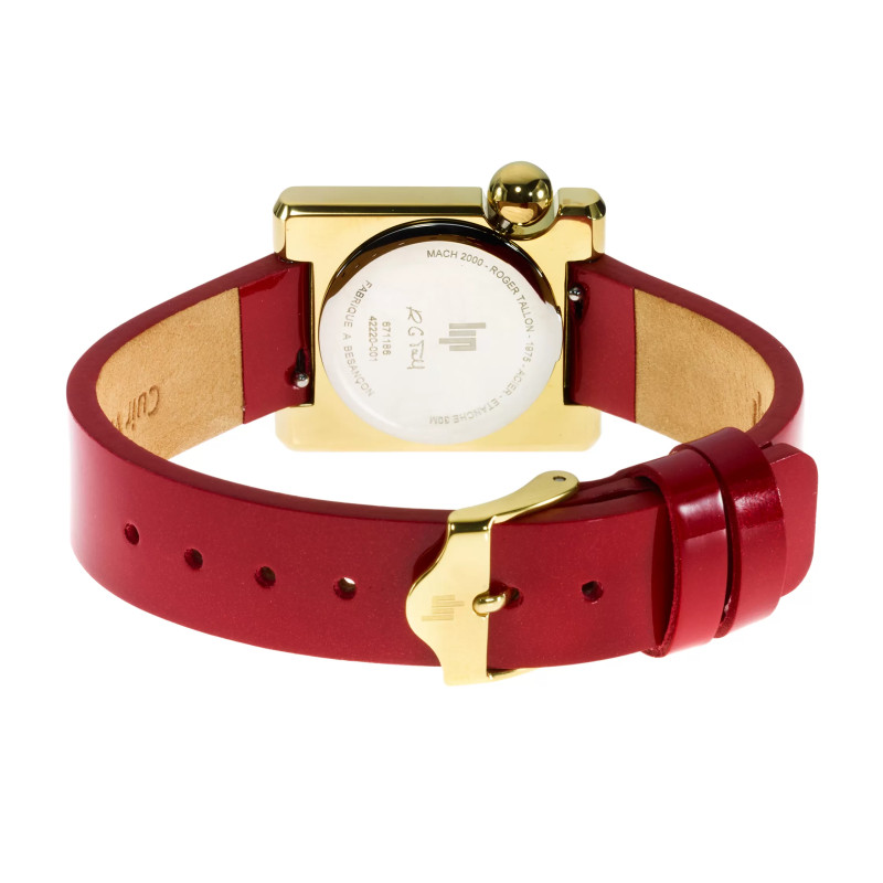 MONTRE LIP MACH2000 MINI SQUARE DOREE BRACELET CUIR ROUGE