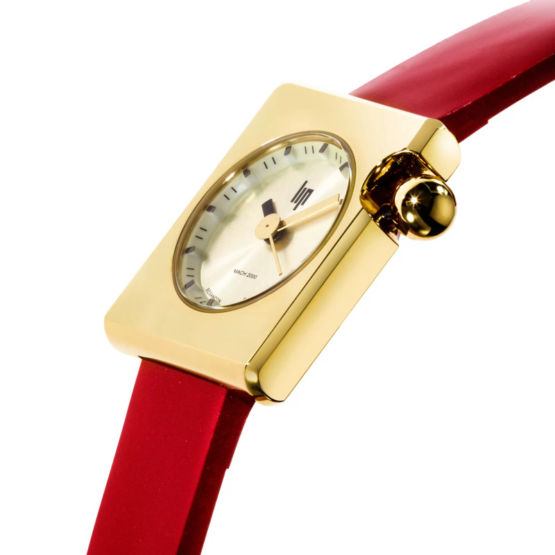 MONTRE LIP MACH2000 MINI SQUARE DOREE BRACELET CUIR ROUGE