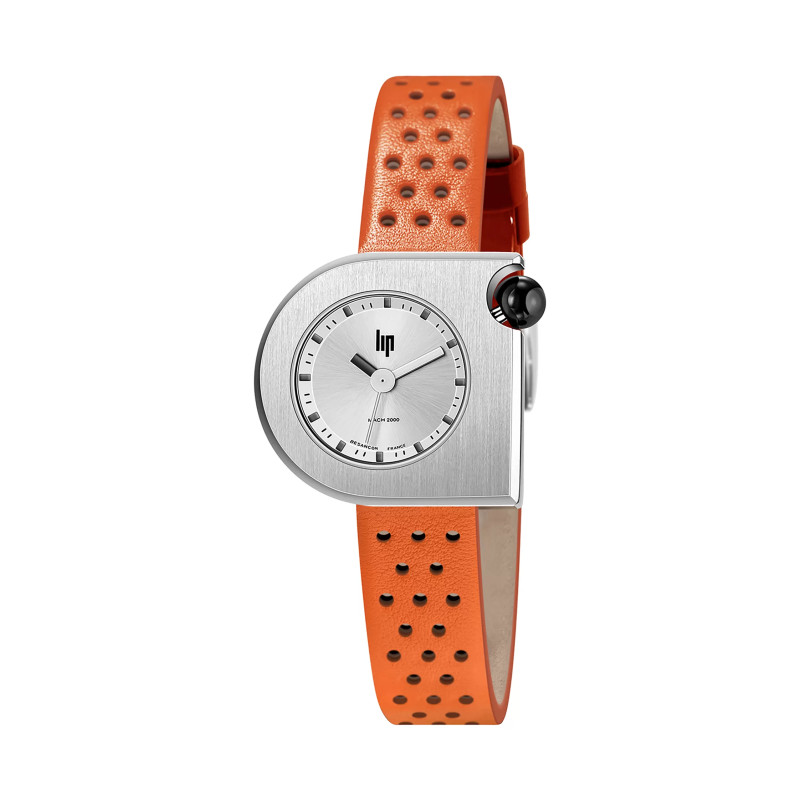 MONTRE LIP MACH2000 MINI MOON ACIER CUIR ORANGE PERFORE