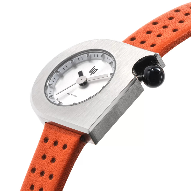 MONTRE LIP MACH2000 MINI MOON ACIER CUIR ORANGE PERFORE