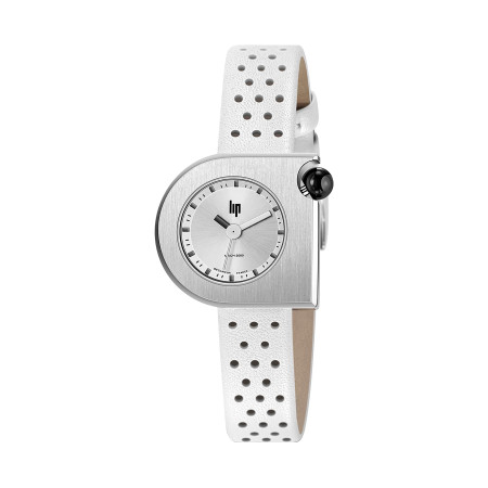 MONTRE LIP MACH2000 MINI MOON ACIER CUIR BLANC PERFORE