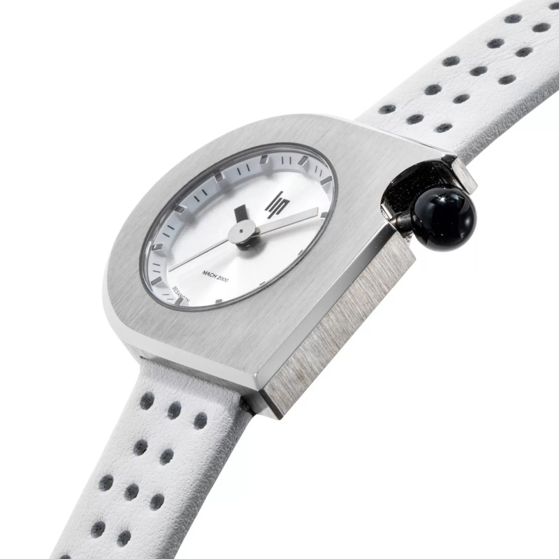 MONTRE LIP MACH2000 MINI MOON ACIER CUIR BLANC PERFORE