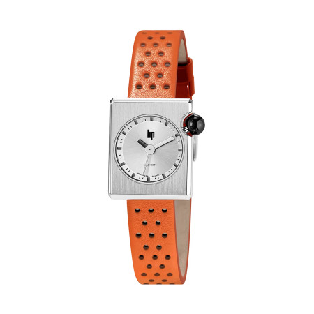 MONTRE LIP MACH2000 MINI SQUARE ACIER CUIR ORANGE PERFORE