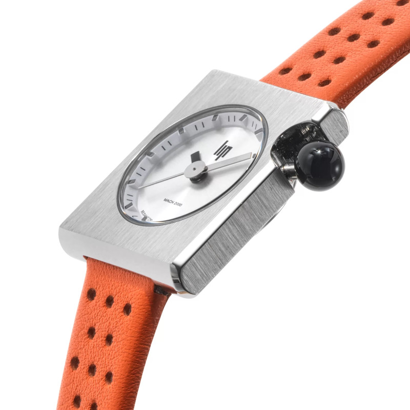 MONTRE LIP MACH2000 MINI SQUARE ACIER CUIR ORANGE PERFORE