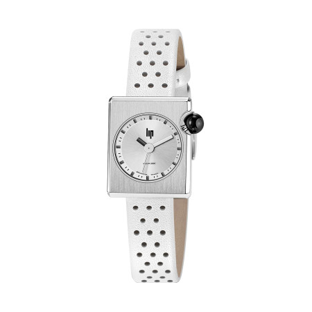 MONTRE LIP MACH2000 MINI SQUARE ACIER CUIR BLANC PERFORE