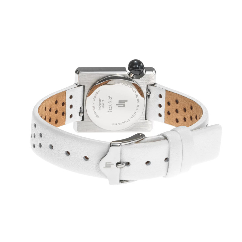 MONTRE LIP MACH2000 MINI SQUARE ACIER CUIR BLANC PERFORE