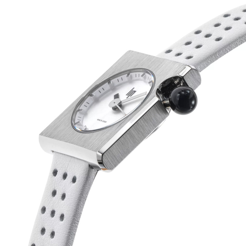 MONTRE LIP MACH2000 MINI SQUARE ACIER CUIR BLANC PERFORE