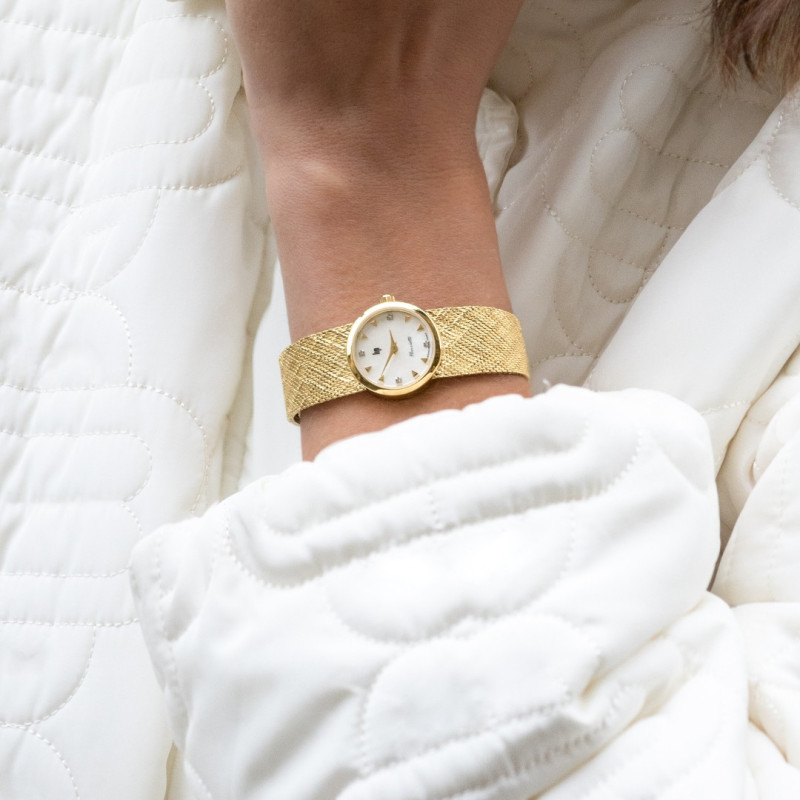 MONTRE LIP HENRIETTE DOREE NACRE DIAMANT MAILLE POLONAISE