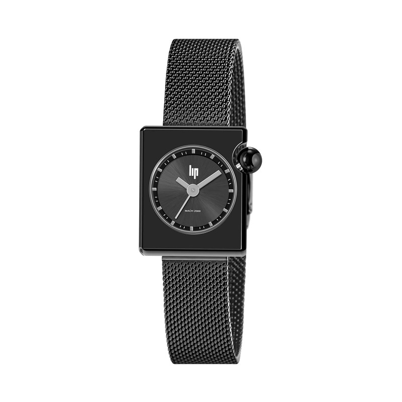 MONTRE LIP MACH2000 MINI SQUARE ACIER NOIR BRACELET MILANAIS