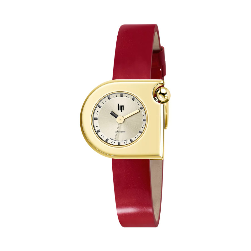 MONTRE LIP MACH2000 MINI MOON DOREE BRACELET CUIR ROUGE