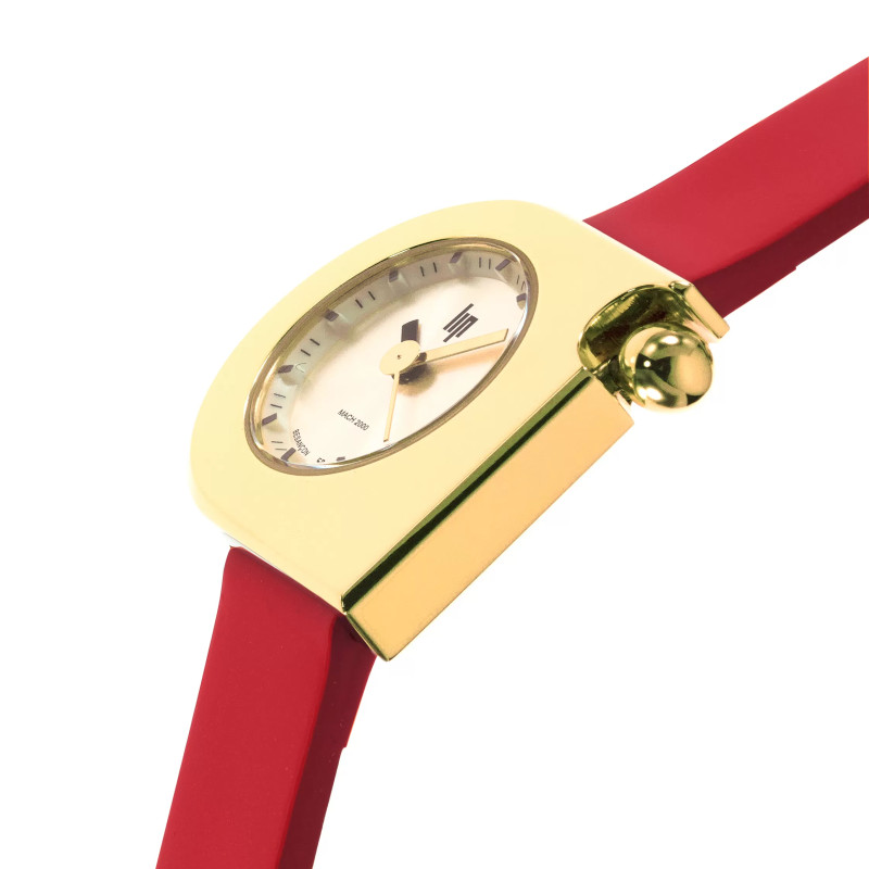 MONTRE LIP MACH2000 MINI MOON DOREE BRACELET CUIR ROUGE