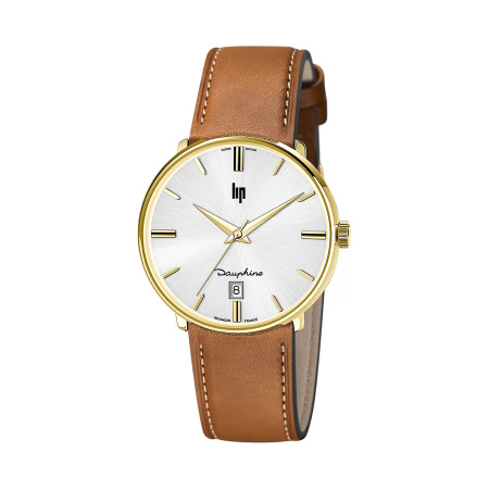 MONTRE LIP DAUPHINE 38 DOREE BRACELET CUIR MARRON