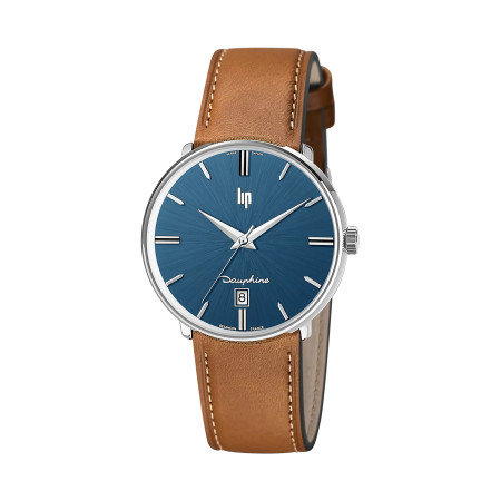 MONTRE LIP DAUPHINE 38 ACIER CADRAN BLEU CUIR MARRON