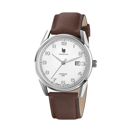 MONTRE LIP HIMALAYA 40 ACIER CADRAN BLANC CUIR MARRON