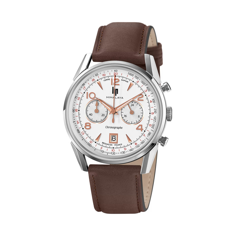 MONTRE LIP HIMALAYA CHRONO ACIER CADRAN BLANC CUIR MARRON