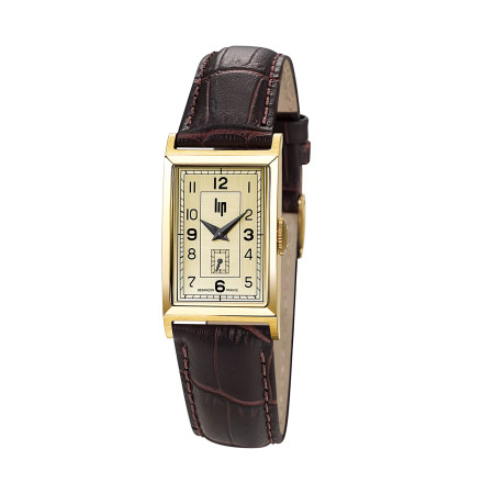 MONTRE LIP CHURCHILL T18 RECTANGLE DOREE CUIR MARRON