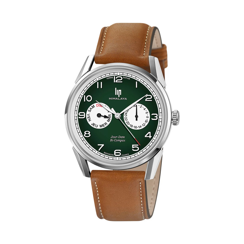 MONTRE LIP HIMALAYA  BICOMPAX ACIER CADRAN VERT CUIR CAMEL