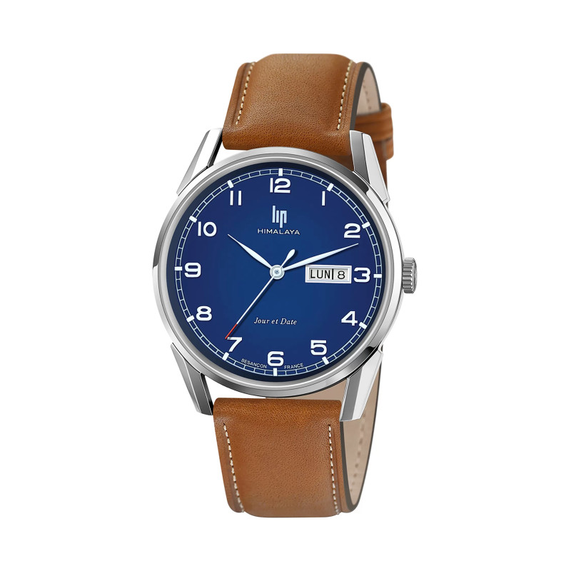 MONTRE LIP HIMALAYA 40 ACIER CADRAN BLEU JOUR DATE CUIR BRUN