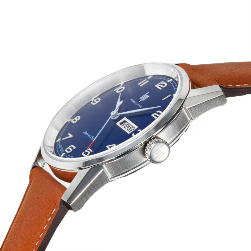 MONTRE LIP HIMALAYA 40 ACIER CADRAN BLEU JOUR DATE CUIR BRUN