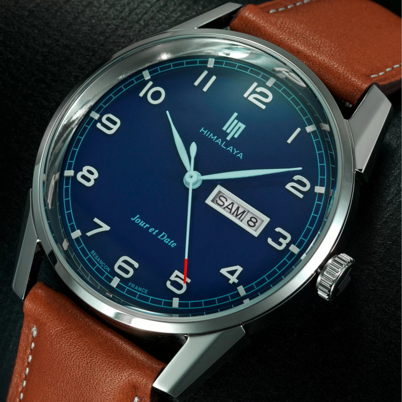 MONTRE LIP HIMALAYA 40 ACIER CADRAN BLEU JOUR DATE CUIR BRUN