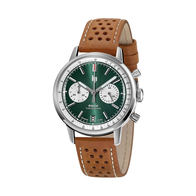 MONTRE LIP RALLYE 39 CHRONO CADRAN VERT BRACELET CUIR BRUN