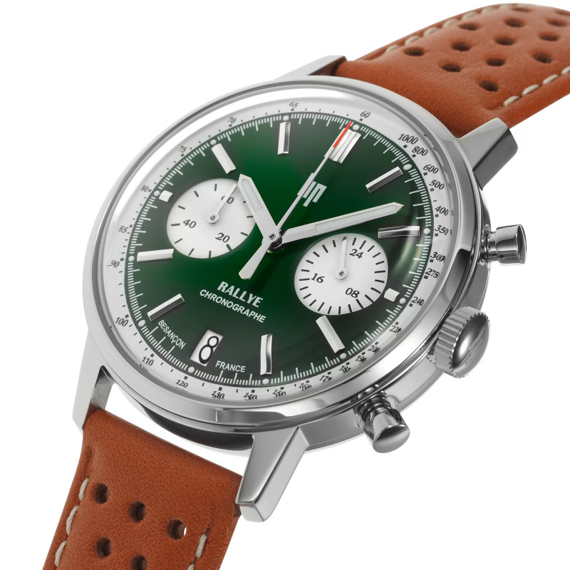 MONTRE LIP RALLYE 39 CHRONO CADRAN VERT BRACELET CUIR BRUN