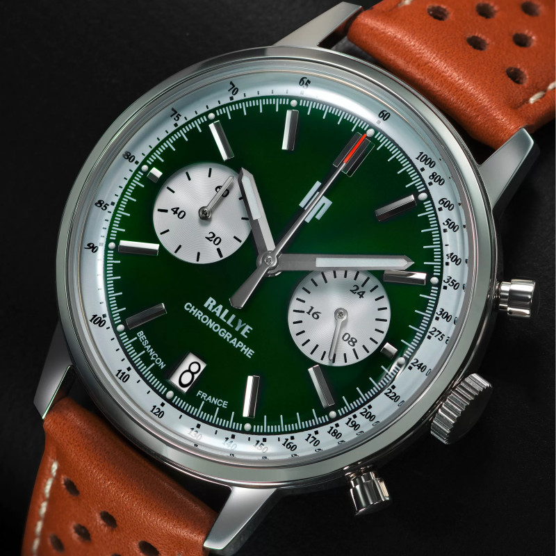 MONTRE LIP RALLYE 39 CHRONO CADRAN VERT BRACELET CUIR BRUN