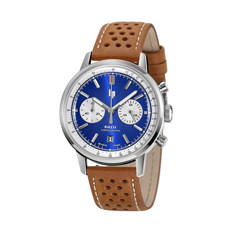 MONTRE LIP RALLYE 39 CHRONO CADRAN BLEU BRACELET CUIR BRUN