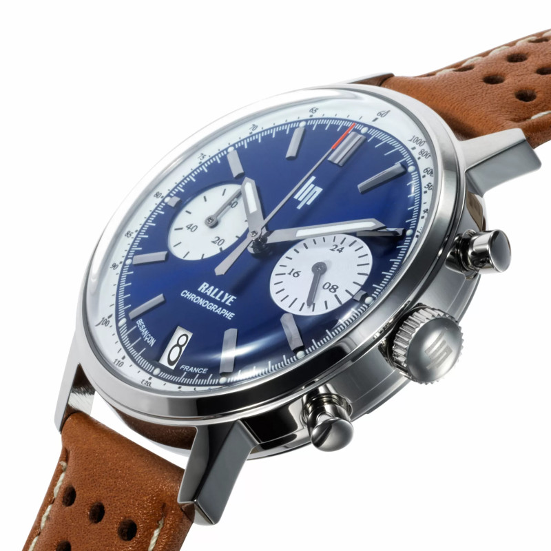 MONTRE LIP RALLYE 39 CHRONO CADRAN BLEU BRACELET CUIR BRUN