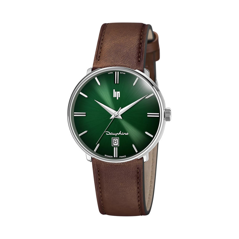 MONTRE LIP DAUPHINE 38 6ACIER CADRAN VERT CUIR MARRON