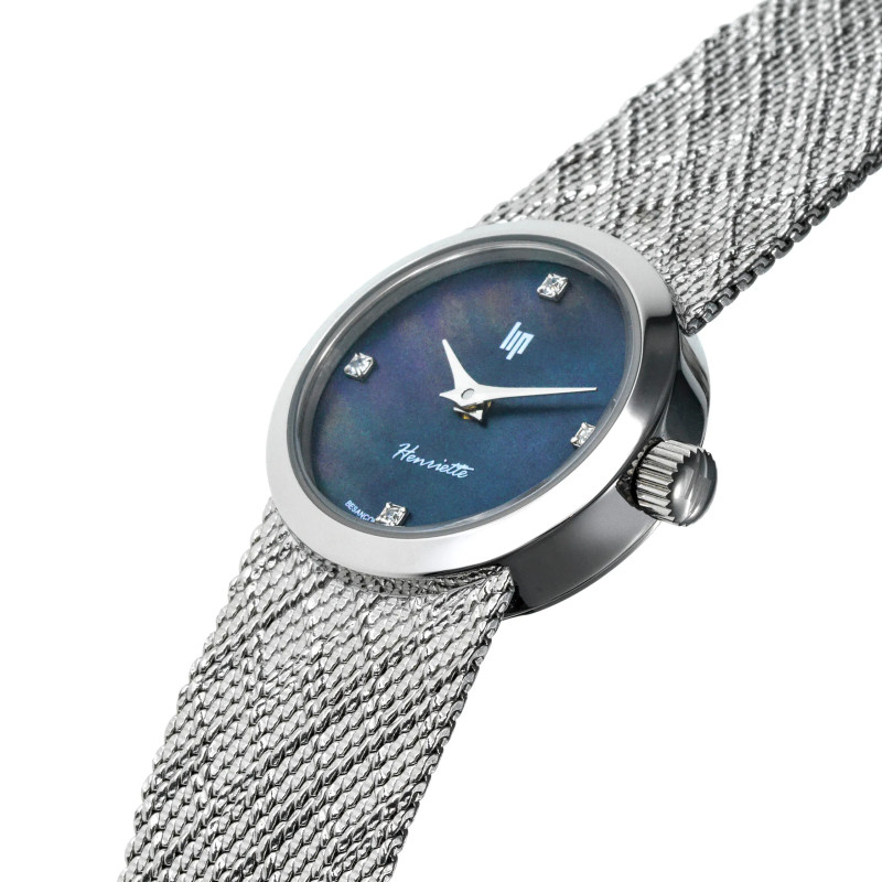 MONTRE LIP HENRIETTE NACRE NOIRE DIAMANTS METAL ARGENTE