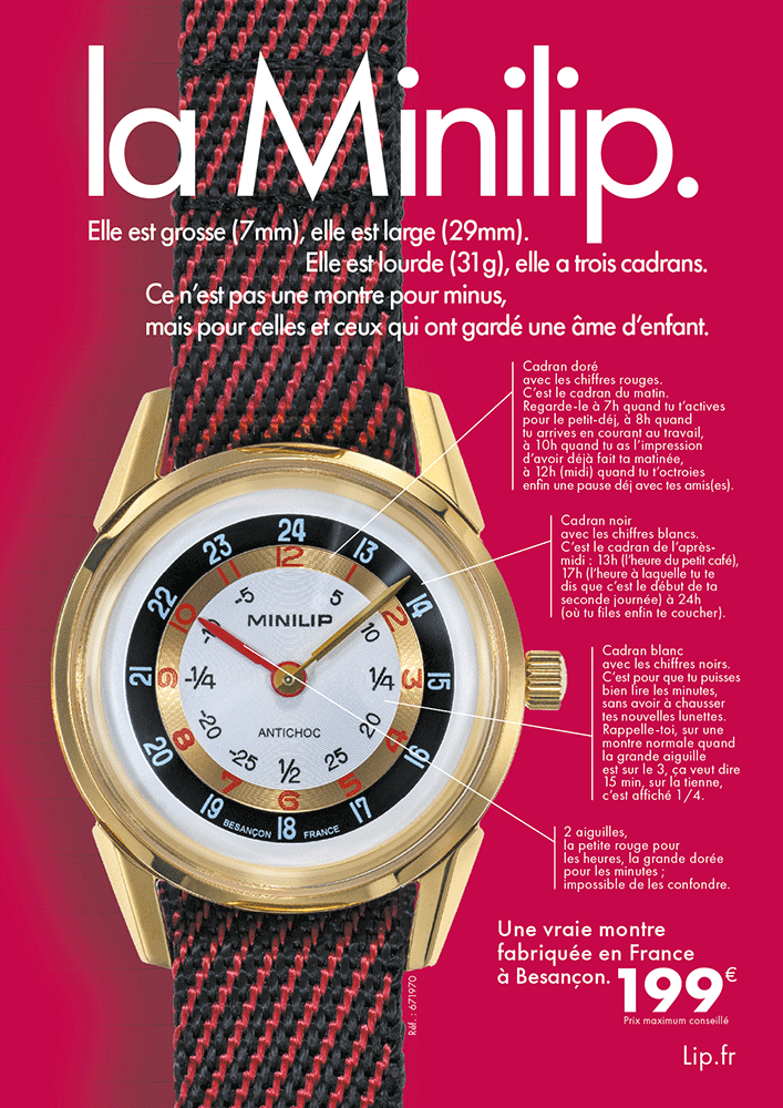 Publicité de 1969 pour la commercialisation de la montre pédagogique par Lip, la MINILIP Source : Fond privé HAOND Clément